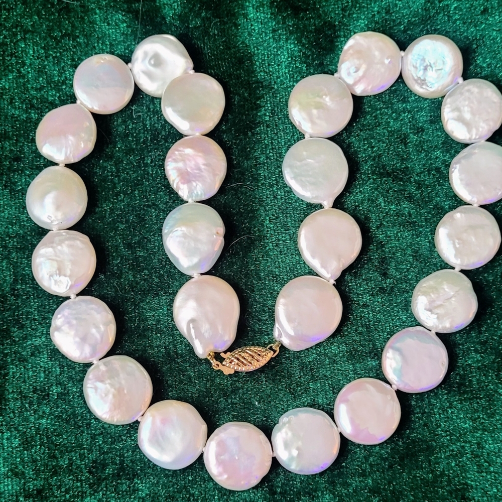 Elegant White Coin (15mm)Pearl 14k Clasp Necklace 16"